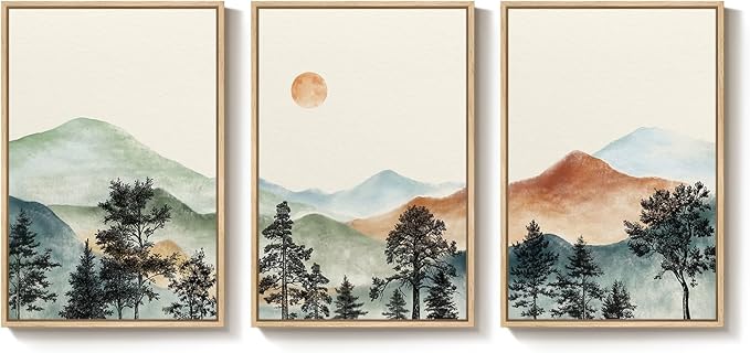 Framed Large Mountain Wall Art for Living Room, 3 Piece Boho Watercolor Landscape Artwork for Walls, Mid Century Modern Mountain Forest Sunset Scenic Canvas Prints for Office Hallway Decor, 24x36 Inch