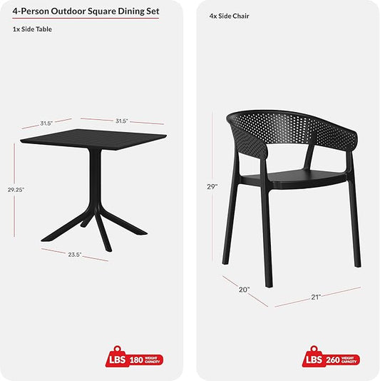 Costaelm 5-Piece Outdoor Dining Set, HDPE Patio Square Bistro Table and Stackable Chairs Sets for 4, Outdoor Furniture All Weather for Backyard Poolside, White