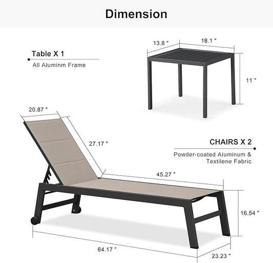 PURPLE LEAF Outdoor Chaise Lounge Set of 2 Aluminum Patio Lounge Chair with Wheels and Side Table Pool Chaise Lounge Chair for Outdoor Backyard Poolside Taupe (2 Lounges Chairs W/Table)