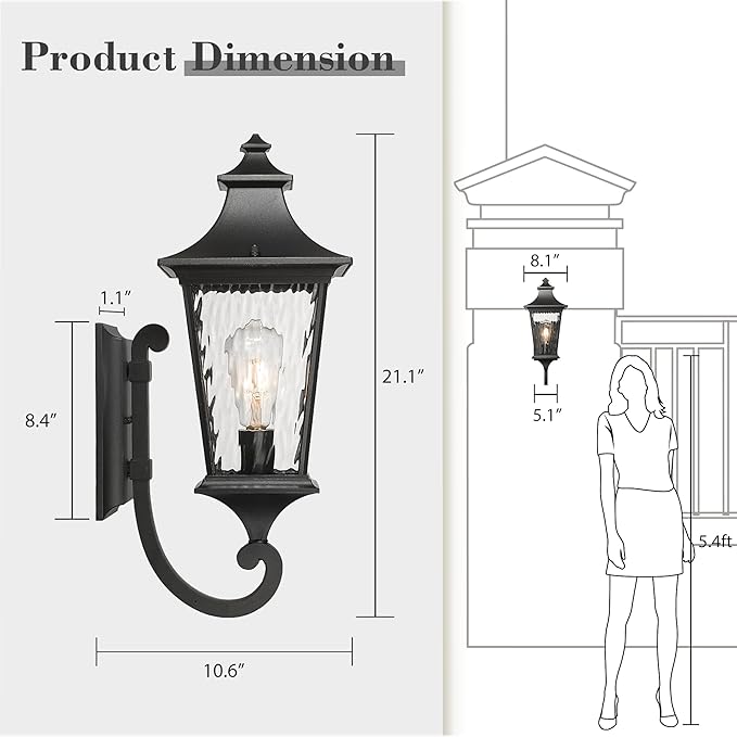 Emliviar 21.1 Inch Farmhouse Outdoor Wall Sconce,1 Light Exterior Wall Lighting in Black Finish Frame, Water Ripple Glass Shade, XE292UB-M SW BK