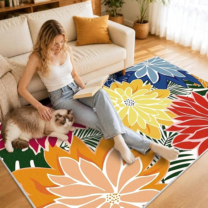 ZonLi Colorful Outdoor Rug 9x12Ft Waterproof Multicolored Indoor Area Rug Washable Outdoor Patio Rugs Tropical Floral Non Slip Outdoor Carpet for Living Room, Pool,Backyard,Deck,Camping