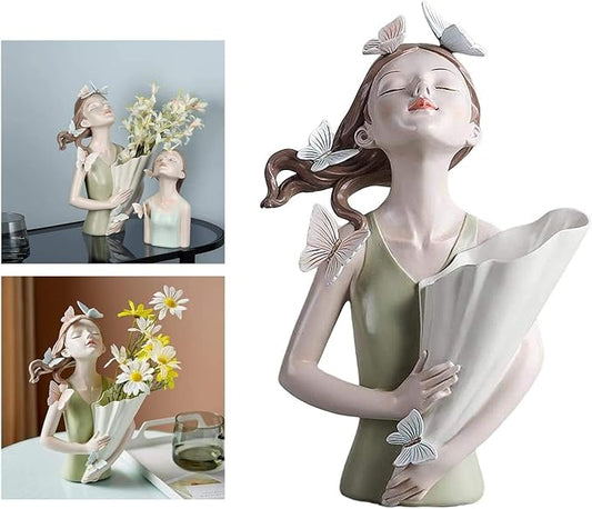 Girl Figurines Flower Vase Resin Girl Statue Sculpture Floral Flower Pots Flower Holder Desktop Planter for Home Office Table Ornaments - Green