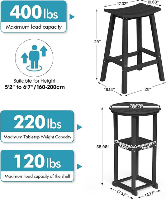 Ciokea Balcony Table and Stools 3 Pieces Set, Outdoor High Top Bar Set, HDPE 29" Bar Stools Set of 2 and Round Table for Outside Dining Bistro Poolside Backyard, Black
