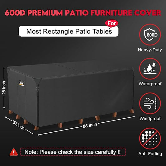 Zettum Patio Furniture Cover Rectangle - 600D Outdoor Table Cover Waterproof & Heavy Duty, Lawn Furniture Set Covers for Outside Rectangular Dining Table and Chairs Seating Combo - 88 x 62 x 28 Inch