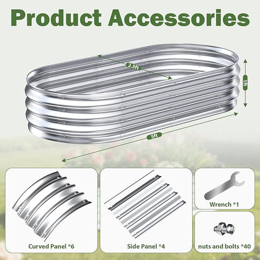 Galvanized Raised Garden Bed Outdoor, 5x2.5x1ft Metal Heavy Duty Planter Boxes for Gardening, Easy Assemble Small Oval Plant Container Kit for Vegetables, Flowers, Fruits, Silver, 1 Pack