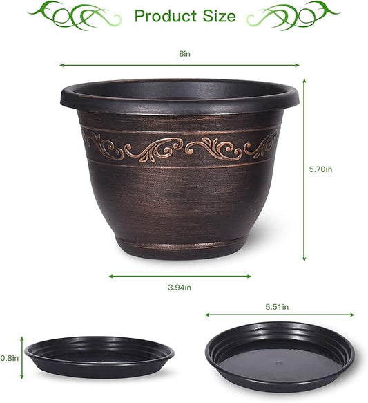 Plastic-Plant-Flower-Planters-8 Inch With Drainage Hole & Saucer, 6 Packs Lightweight Small Resin Flower Pot Indoor Outdoor, Retro Antique Imitation Decorative Garden Containers Sets For Houseplants