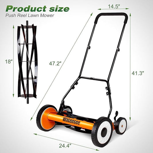Walensee Push Reel Lawn Mower, 18-Inch 5-Blade Cordless Manual Reel Lawn Mower, Walk-Behind Steel Lawn Mower with 9-Position Cutting Height Adjustment & Sponge Grip