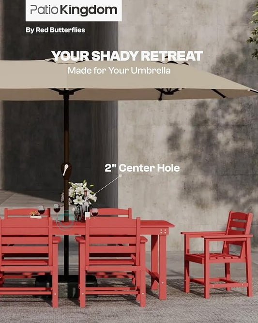 7-Piece Red HDPE Patio Table and Chairs Set, Weather Resistant Outdoor HDPE Dining Table Sets with Umbrella Hole for Lawn, Garden, Deck, Poolside, Balcony