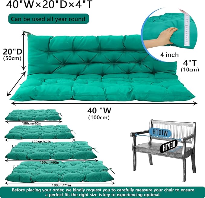 Outdoor Swing Cushions 3 Seater Waterproof, Replacement Bench Cushions for Outdoor Patio Furniture with Backrest, Porch Swing Cushion with Ties for Lawn and Garden (Lake Blue, 40x40in)