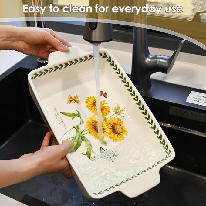 ACMLIFE Ceramic Casserole Dish Set, Ceramic Baking Dish for Oven, Casserole Dish Bakeware Set, Casserole Dishes for Oven, Lasagna Pan, Large Baking Dishes with Handles, Microwave, Dishwasher Safe, Gift Packaging Floral 2 Pcs Set(13"x8"+10.3"x6.3") (Sun...