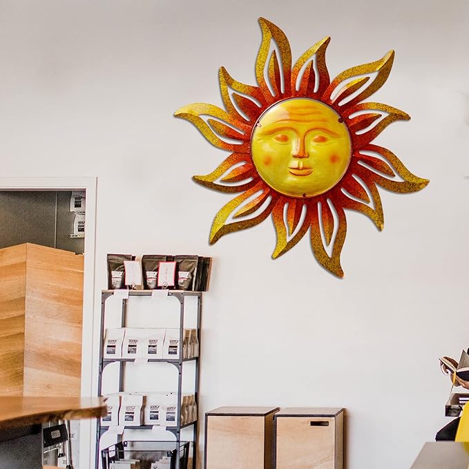 Large Size 32Inch Metal Sun Outdoor Valentine Wall Art Decor Large, Hanging for r Patio Garden Fence Yard Pool Wall Sculpture Decoration for Living Room
