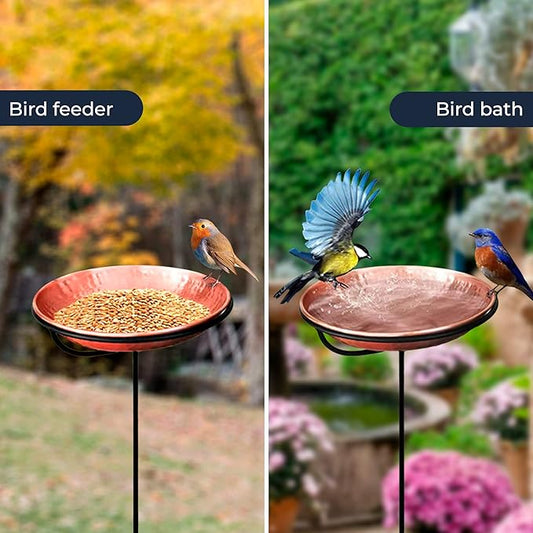 Monarch Abode Pure Copper Hand Hammered Standing Bird Bath and Feeder w/ Iron Stand, 34-inch Detachable Iron Stand Outdoor Birdbath and Birdfeeder for Garden Backyard Patio & Deck, Bird Water Feeder