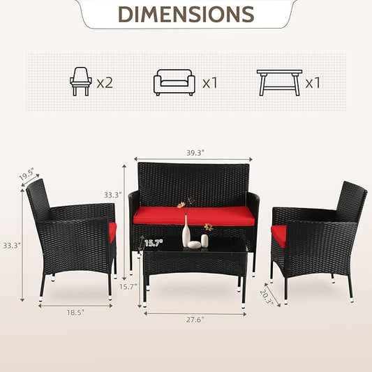 FDW Rattan Furniture Wicker Chair Patio Bristo Set for Outdoor Indoor Use with Loveseats Coffee Table,Red Cushion, 4-Pieces