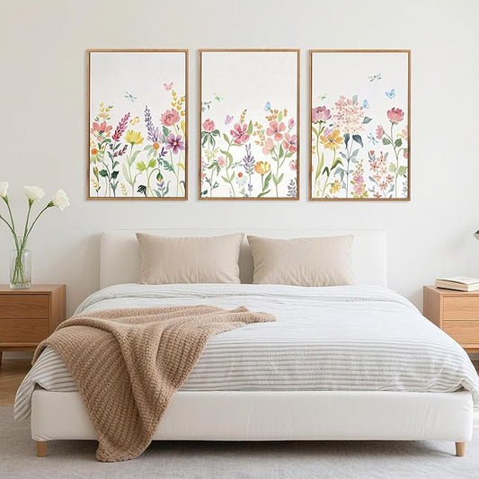 CHDITB Colorful Floral Framed Wall Art, Watercolor Flowers Wall Decor, Butterfly Flower Pictures Minimalist Wildflower Painting, Modern Home Art Prints for Girls Bedroom Living Room Office 24"x36"x3
