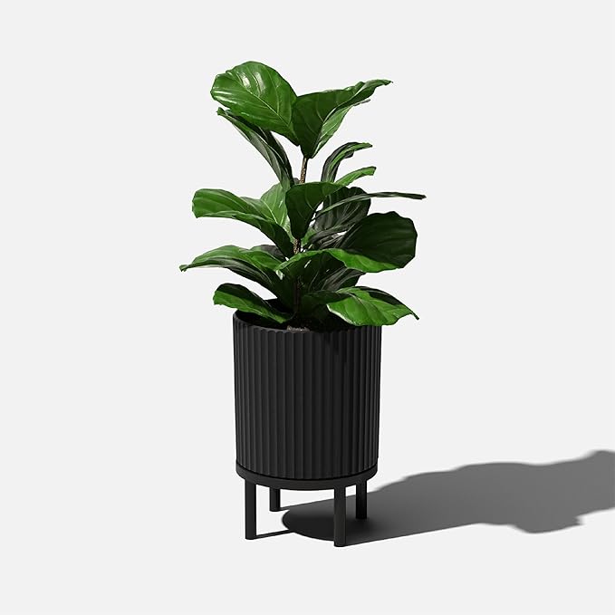 Veradek Demi Series Round Planter w/Stand for Porch/Patio | Durable Plastic-Stone Composite & Wooden Stand | Modern Décor for Tall Plants, Flowers
