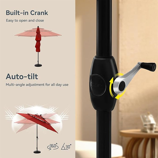 PHI VILLA 10ft Patio Umbrella Outdoor 3 Tier Vented Market Table Umbrella with 1.5" Umbrella Pole and 8 Sturdy Ribs, (Orange Red)(No Base)
