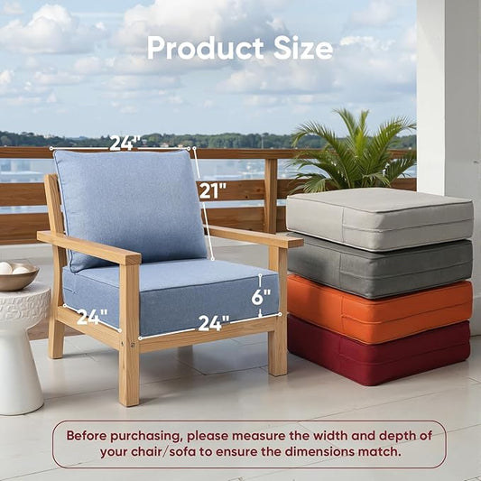 Outdoor Chair Cushion Set, 24x24 Waterproof Patio Chair Cushions, 6" Thickened Seat Cushion for Outdoor Chairs and Couch, Include 1 Back Pillow and 1 Seat Cushion, Thick/Babyblue