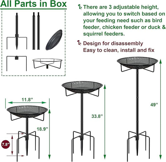 Standing Bird Feeder Tray,11.8" Stainless Steel Large Platform Bird Feeder Mesh Seed Tray with Adjustable Heavy Duty Stand Birds Feeder Pole for Outside Wild Birds in Garden Backyard