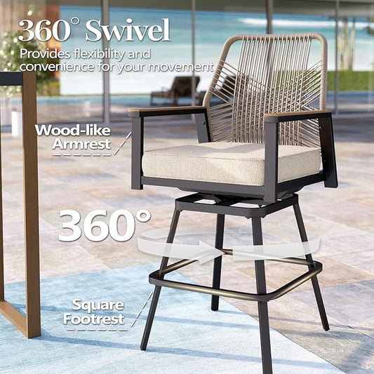 3 Piece Outdoor Bar Set, Height Rattan Bar Stools with Wood Grain Top Coffee Table, Wicker High Top Outdoor Table and Chairs with Cushion, Patio Barstool Set for Porch, Pool and Deck, Beige