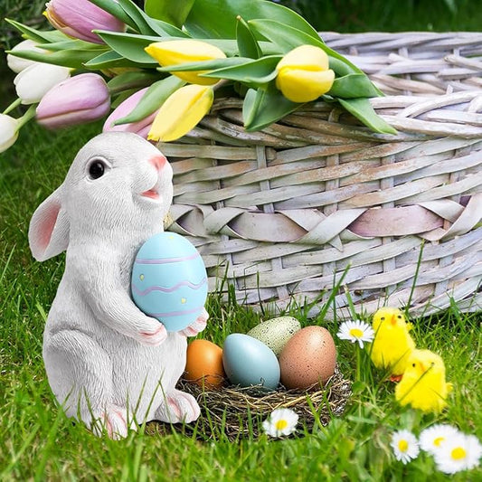 Solar Easter Rabbit Garden Statues Bunny Figurine Outdoor Easter Decorations Resin Bunny Statue with Egg Changing LED Lights for Porch Patio Lawn Yard Gardening Gifts for Mom Grandma
