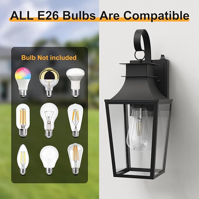 ππ ππππ Outdoor Wall Light Fixtures, Dusk to Dawn Outdoor Lighting Wall Mount with E26 Sockets & Clear Glass Shades, Waterproof Exterior Black Porch Lights for Front Door Garage Patio