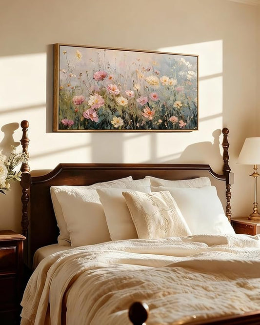 InSimSea Extra Large Framed Vintage Wall Art, Living Room Country Farmhouse Decor, Spring Wildflowers Field Landscape Canvas Prints, Retro Scenery Long Pictures for Bedroom Above of Bed,20x40inch