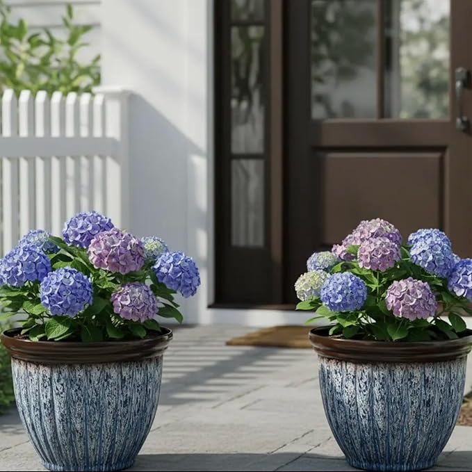 15" D Large Flower Pots, 2-Pack Big Planters for Indoor Outdoor Plants, UV-Protect PP Container for Garden Patio Yard Balcony Porch or Home Decor, Artistic Floating Blue & Brown Glaze