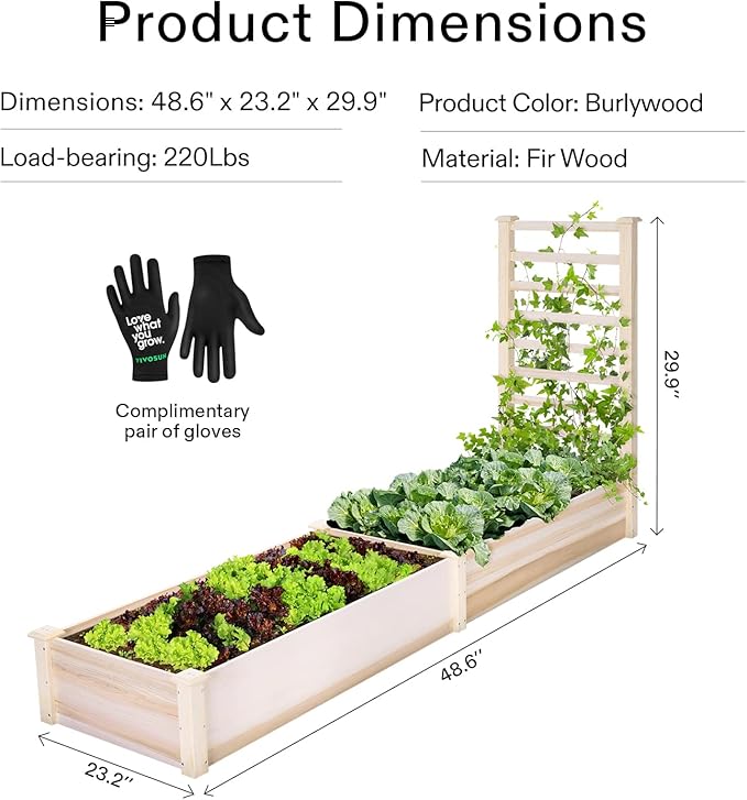 VIVOSUN Wooden Raised Garden Bed, 48 x 24 x 30 Inches, Outdoor Wood Planter Box with Gloves and a Liner, with Trellis for Vine Climbing for Garden, Patio, Balcony, Backyard and Outdoors