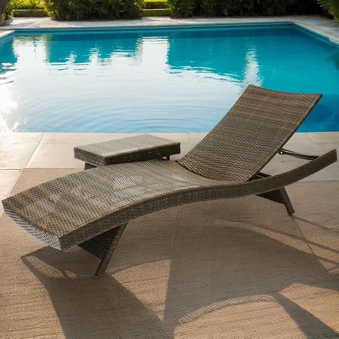 79'' Long Reclining Chaise Lounge + Side Table Set of 2, Outdoor Wicker Reclining Lounge Chair Patio Rattan Double Chaise Lounge + Coffee Table Lawn Sunbathing Chairs Beach Pool Backrest Recliners