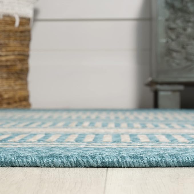 JONATHAN Y Double Stripe Indoor Outdoor Runner Rug 2X8 Aqua/Beige, Haynes Modern for Backyard, Patio, Porch, Easy-Cleaning, High Traffic, Pet-Friendly, Non-Shedding (SMB202A-28)
