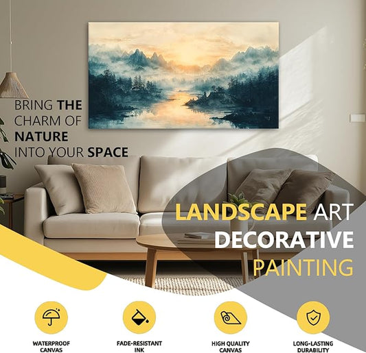 JLXART Landscape Canvas Wall Art Beautiful Lake Mountain Nature Scenic Picture Print Sunrise for Living Room Forest National Park Scenery Artwork Painting Decor,Inner Frame 24x48inch