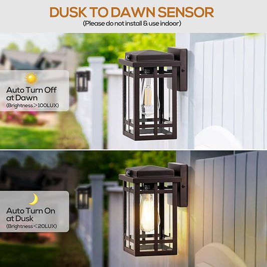 9.76'' Dusk to Dawn Outdoor Wall Light 2 Packs, Exterior Fixture Mount for House Front Porch, Anti-Rust Modern Lantern with Tempered Glass Shade for Garage, Brown