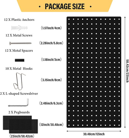 DEWEL Peg Board 2 Pack, 23x12 Inch Metal Pegboard Panels with Hooks, Black Heavy Duty Wall Organizer System for Garage Tool Storage, Workshop, Office and Craft Room(2pcs black)