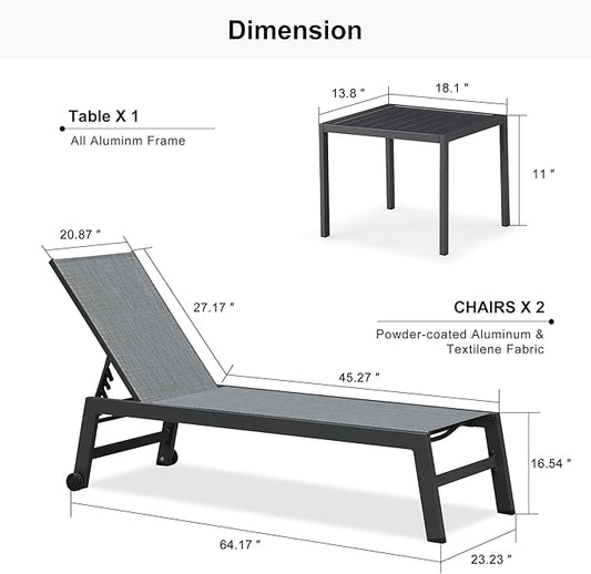 PURPLE LEAF Patio Chaise Lounge Set 2 Pieces Textilene Pool Lounge Chairs with Wheels Sunbathing Chair for Outdoor Yard (2 Mix Gray Lounges W/Side Table)