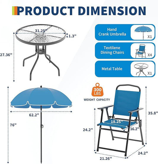 6 Pieces Outdoor Dining Set With Umbrella, Patio Table and 4 Folding Chairs With Umbrella, Garden Patio Furniture Set With Umbrellas, Tempered Glass Top Dining Table