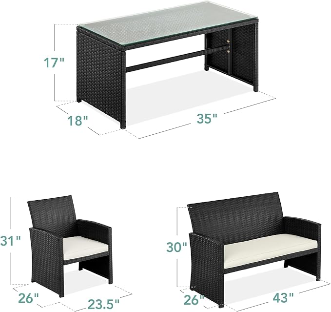 Best Choice Products 4-Piece Outdoor Wicker Patio Conversation Furniture Set for Backyard w/Coffee Table, Seat Cushions - Black/White Sand
