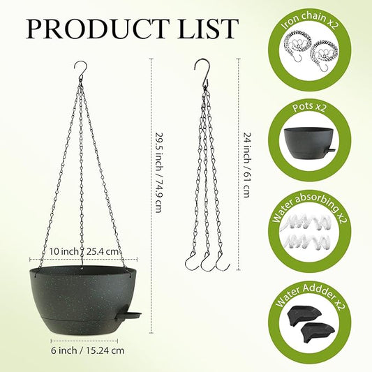 10 Inch Hanging Baskets 2 PC with Chains, Self-Watering Hanging Planters for Indoor Outdoor Plants, Plastic Hanging Flower Pots,Black with Green Speckles
