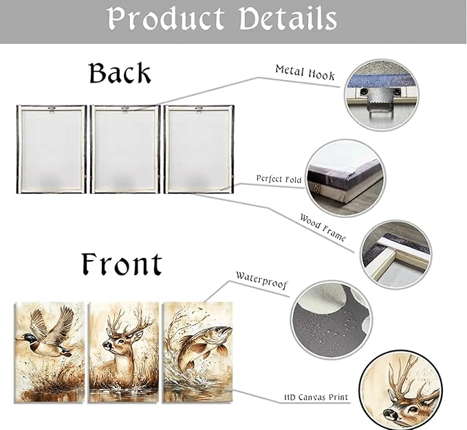 3Pcs Rustic Outdoor Wildlife Canvas Wall Art Watercolor Deer Duck And Fish Wall Decor Pictures Vintage Farmhouse Hunting Posters Prints for Living Room Bathroom Kitche Home Decoration