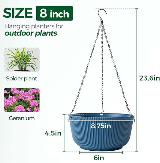 T4U 8 Inch Hanging Planters for Indoor Outdoor Plants, Self Watering Hanging Pot Pack of 2, Hanging Pots with Drainage Hole & Plug & Chain with 3 Hooks for Garden Home Decor, Blue