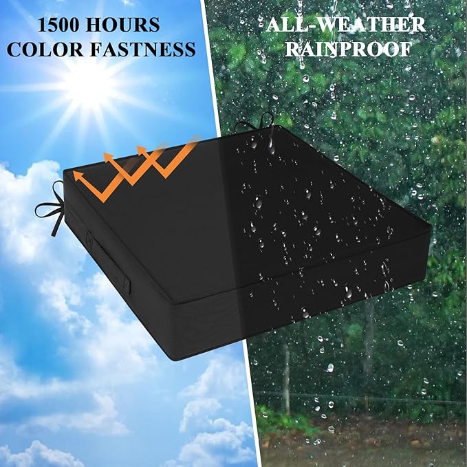 Outdoor Chair Cushions 24x24x4 Inch, Waterproof Black Patio Furniture Cushions Set of 2 with Ties & Handle, 3 Year Color Fastness Square Replacement Seat Cushions for Sofa, Couch