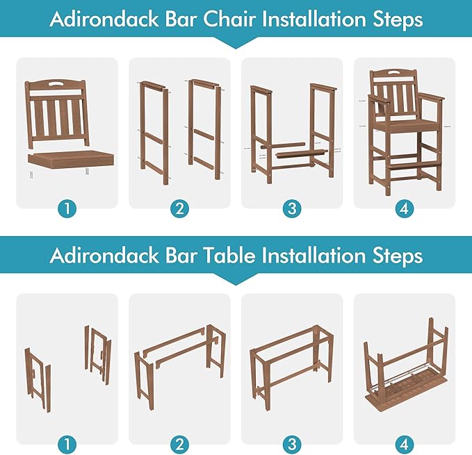 Ciokea Heavy-Duty Outdoor Bar Set, Rectangle High Top Table and 2 Oversized Adirondack Chairs Set, HDPE Modern Patio Bar Set for Outside Bistro Backyard Balcony Deck Outside, Teak