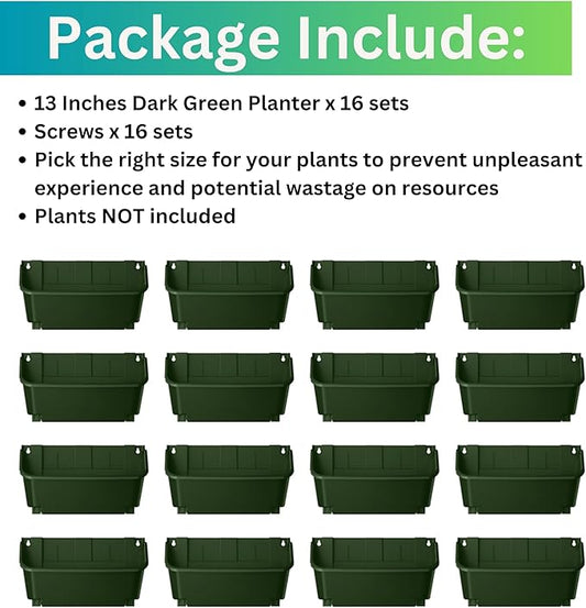 Maxona Vertical Garden Planter - 16 Pack, 13 inch Wall Mounted Planters for Patio Outdoor Decor, Home Green Plastic Balcony Pot, Plant Vegetable Fruit Herb Hanging Pocket Holder Flowerpot
