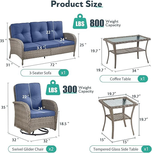 5 Piece Patio Furniture Sets - Wicker Patio Conversation Sets with Swivel Glider, 3 Seat Sofa, Tempered Glass Side Table and Coffee Table for Deck Backyard - Grey Wicker Blue Cushion