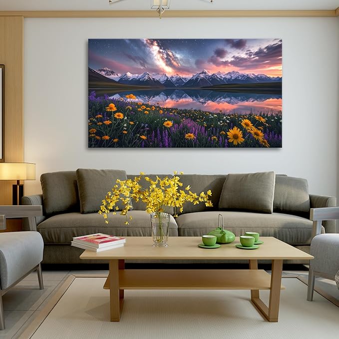 JLXART Wall Sunflower Artwork Art Yellow Floral Field Canvas Mountain Landscape Print for Living Room Framed 30x58inch