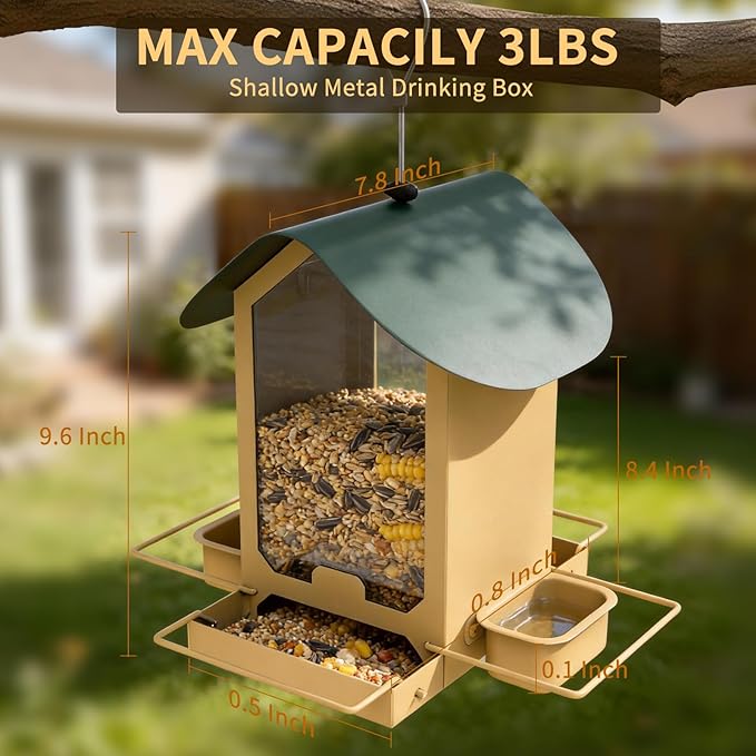 FlowaFoli Metal Bird Feeders for Outdoors | Both Sides Removable Feeding Troughs for Easy Cleaning | 360 Degree Perch | Perfect for Attracting Wild Birds