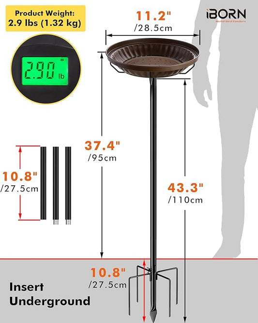 iBorn Standing Bird Feeder, Metal Bird Feeder Tray Stand with 5-Pronged Base, 37.4" Ground Height Heavy Duty Feeder Stand, 11.2" Detachable Bird Feeder with Pole for Outdoor Garden Yard Lawn, Bronze