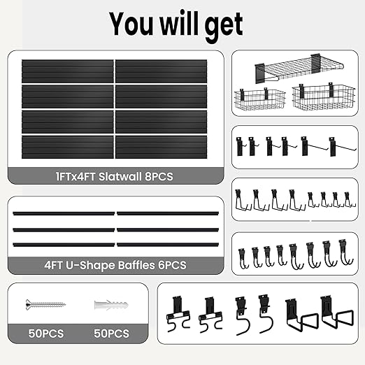 SMARTSTANDARD Slatwall Panel 4x8 FT, Garden Wall Organizer with 31 Garden Tool Hooks & Baskets,Heavy Duty PVC Slat Wall Panels for Gardening, Easy to Install & DIY Cutting (Black)