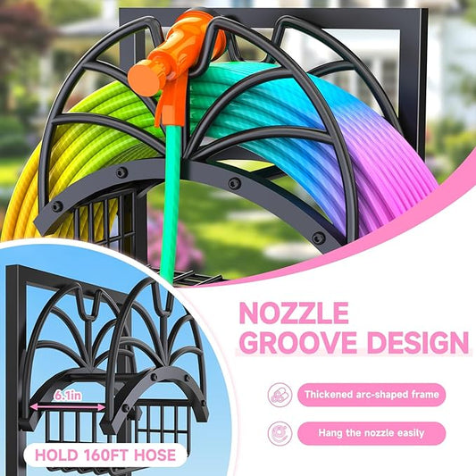 New Upgraded Garden Hose Holder with Storage Basket & Hose Storage Hanger Rack, Heavy-Duty Water Hose Holder Holds 160FT,Garden Hose Hanger Storage Rack for Outside Yard Lawn Farm