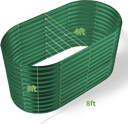 Land Guard 8x4x3ft Oval Galvanized Raised Garden Beds, Large-Capacity Metal Planter Box Outdoor, Durable Deep Raised Garden Bed 3ft Tall, Raised Beds for Gardening Vegetables, Forest Green