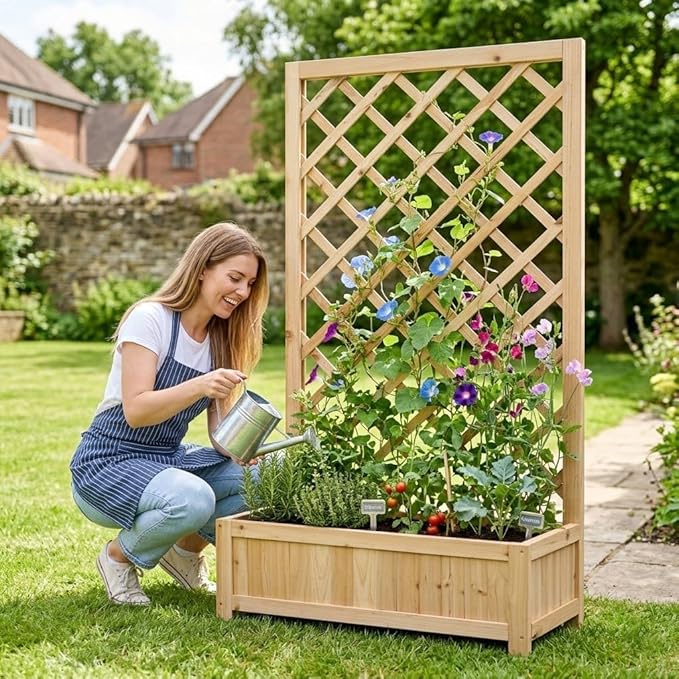 Wooden Raised Garden Bed with Trellis, 47" Outdoor Planter Box for Climbing Plants, Vertical Natural Wood Garden Planter for Vegetables, Flowers & Vines, Lattice Plant Support for Patio Yard Balcony
